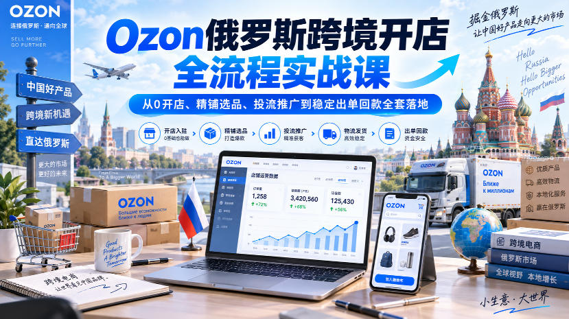 Ozon俄罗斯跨境开店全流程实战课|从0开店、精铺选品、投流推广到稳定出单回款全套落地-网创百晓生