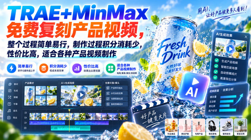TRAE+MinMax免费复刻产品视频，整个过程简单易行，制作过程积分消耗少，性价比高，适合各种产品视频制作-网创百晓生