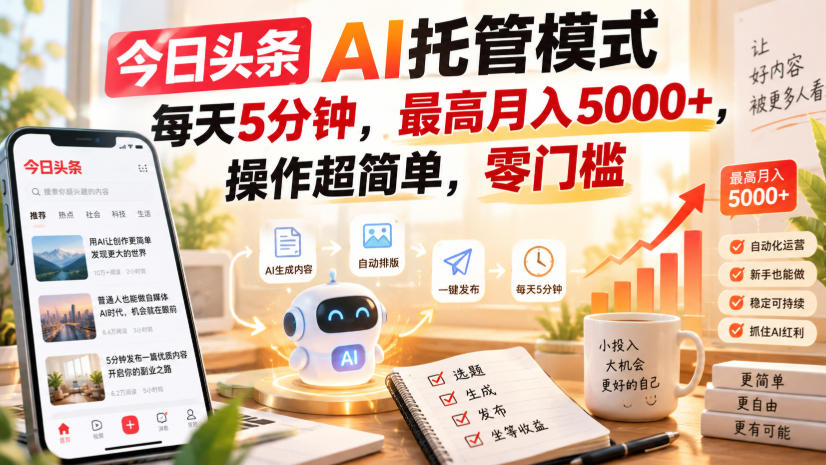 今日头条AI托管模式,每天5分钟,最高月入5000+,操作超简单,零门槛【揭秘】-90网