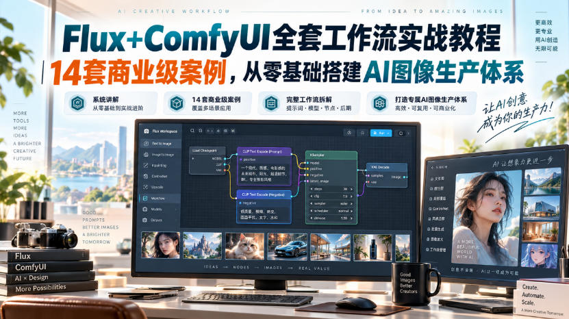 Flux+ComfyUI全套工作流实战教程|14套商业级案例,从零基础搭建AI图像生产体系-90网