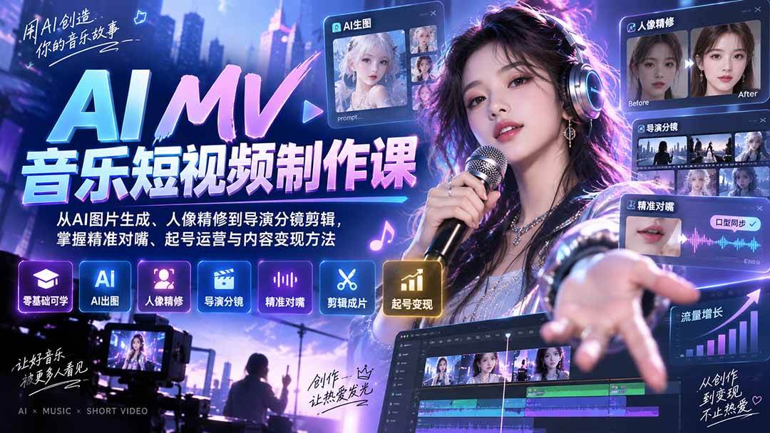（20364期）AI MV音乐短视频制作课：从AI图片生成、人像精修到导演分镜剪辑，掌握精准对嘴、起号运营与内容变现方法-多课资源站