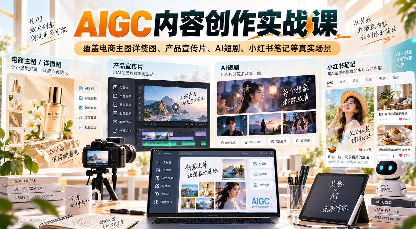 AIGC内容创作实战课,覆盖电商主图详情图、产品宣传片、AI短剧、小红书笔记等真实场景-90网