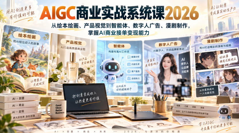 AIGC商业实战系统课2026，从绘本绘画、产品视觉到智能体、数字人广告、漫剧制作，掌握AI商业接单变现能力-网创百晓生