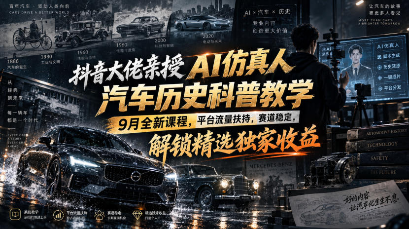 抖音大佬亲授AI仿真人汽车历史科普教学,9月全新课程,平台流量扶持,赛道稳定,解锁精选独家收益-网创百晓生
