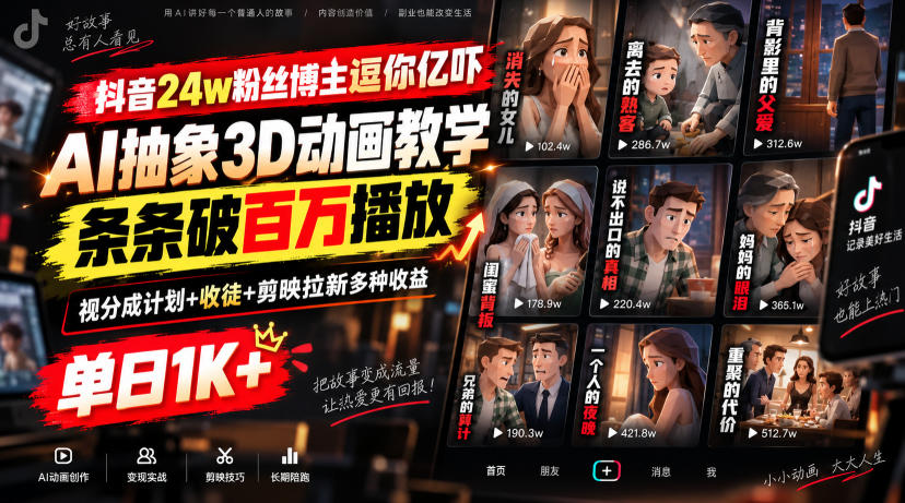 抖音24w粉丝博主逗你亿吓AI抽象3D动画教学,条条破百万播放,分成计划+收徒+剪映拉新多种收益,单日1K+-网创百晓生