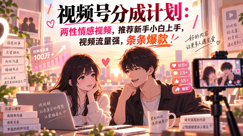 视频号分成计划：两性情感视频，推荐新手小白上手，视频流量强，条条爆款-网创百晓生