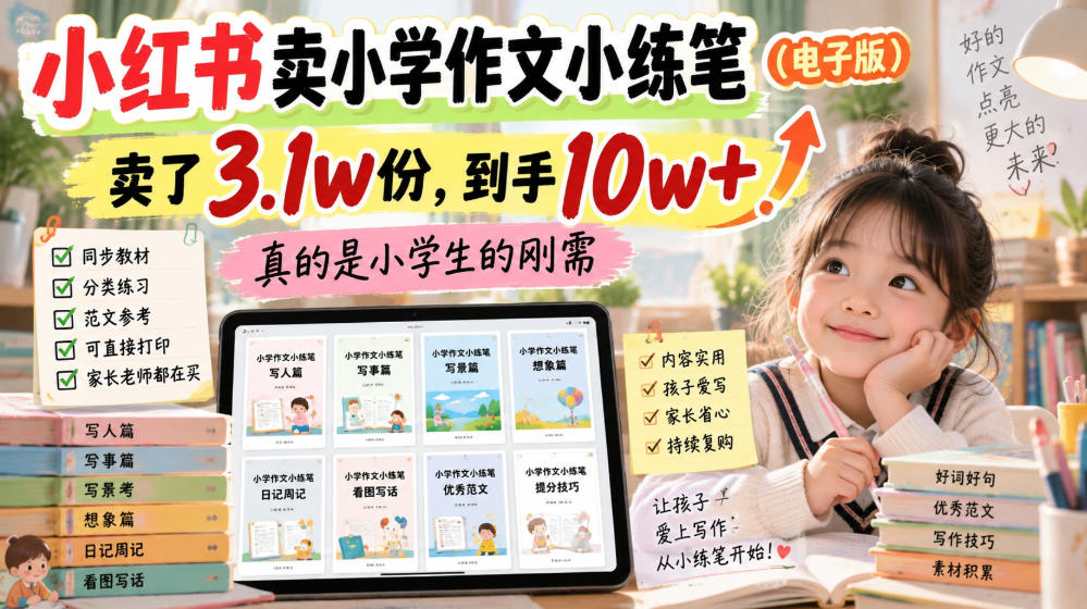 小红书卖小学作文小练笔（电子版），卖了3.1w份，到手10w+，真的是小学生的刚需-韬哥副业项目资源网