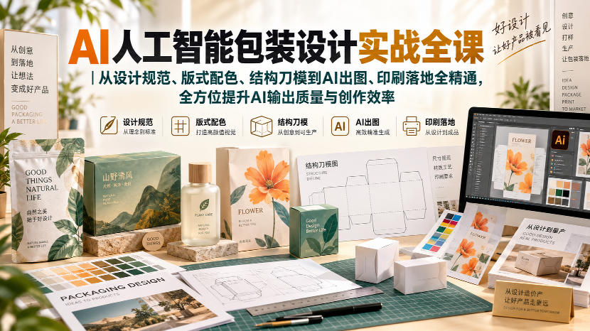 AI人工智能包装设计实战全课｜从设计规范、版式配色、结构刀模到AI出图、印刷落地全精通-网创百晓生