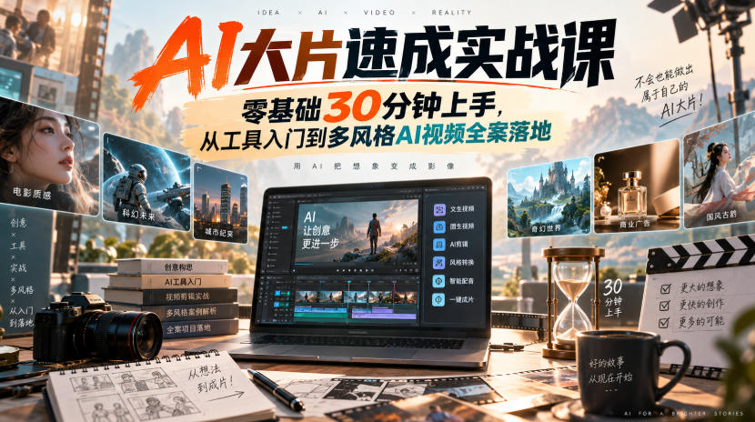 AI大片速成实战课｜零基础30分钟上手，从工具入门到多风格AI视频全案落地-网创百晓生