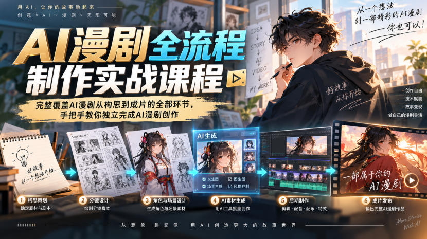 AI漫剧全流程制作实战课程,完整覆盖AI漫剧从构思到成片的全部环节,手把手教你独立完成AI漫剧创作-网创百晓生