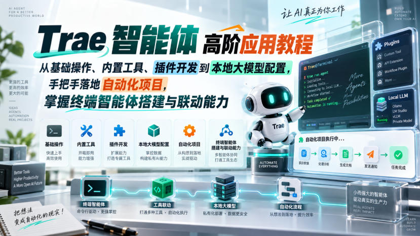 Trae智能体高阶应用教程,从基础操作、内置工具、插件开发到本地大模型配置,手把手落地自动化项目-网创百晓生