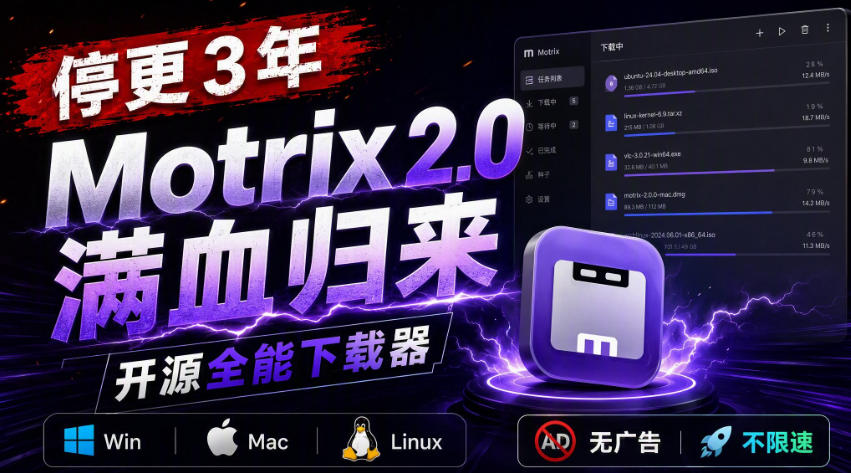 停更3年，Motrix 2.0满血归来：开源全能下载器，Win/Mac/Linux通吃，无广告不限速-网创百晓生