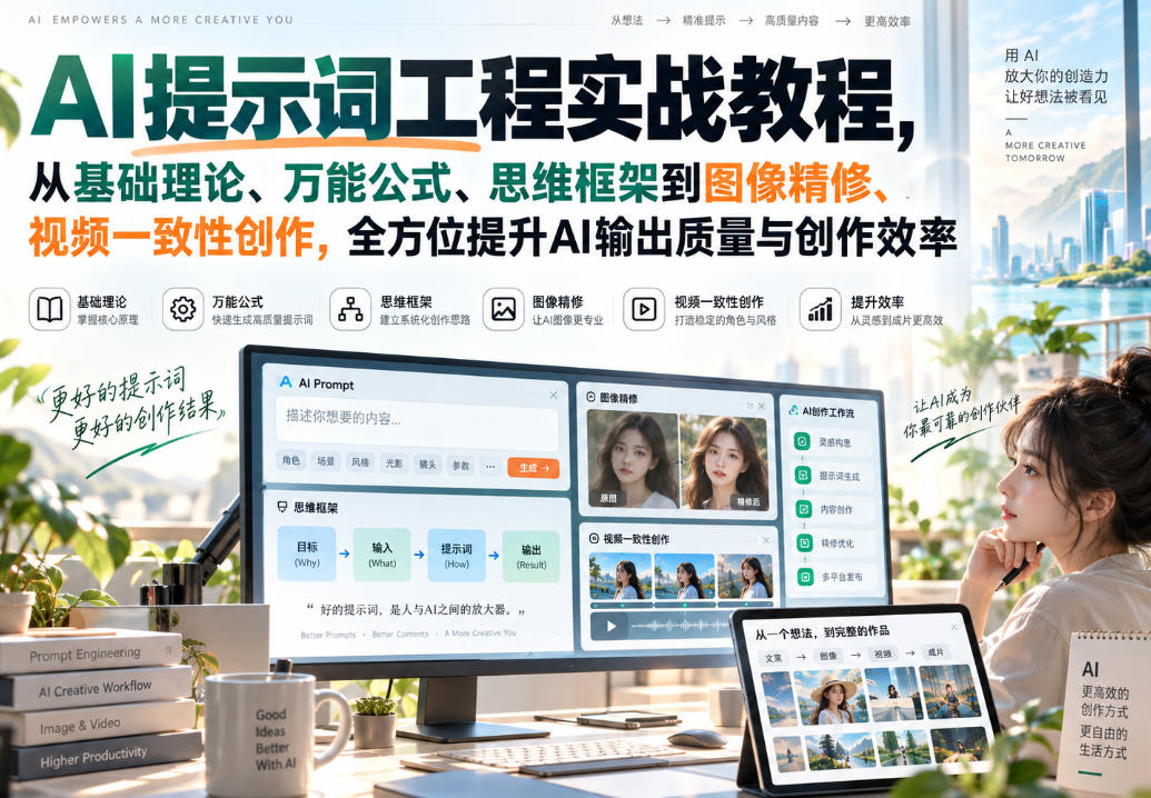 AI提示词工程实战教程,从基础理论、万能公式、思维框架到图像精修、视频一致性创作,全方位提升AI输出质量与创作效率-90网