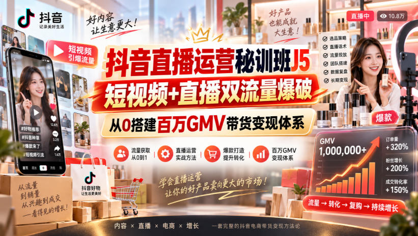 抖音直播运营秘训班J5|短视频+直播双流量爆破,从0搭建百万GMV带货变现体系-网创百晓生