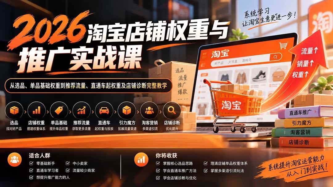 （20411期）2026淘宝店铺权重与推广实战课：从选品、单品基础权重到推荐流量、直通车起权重及店铺诊断完整教学