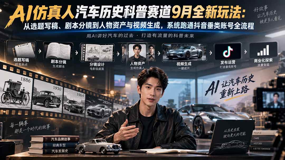 （20413期）AI仿真人汽车历史科普赛道9月全新玩法：从选题写稿、剧本分镜到人物资产与视频生成，系统跑通抖音垂类账号全流程