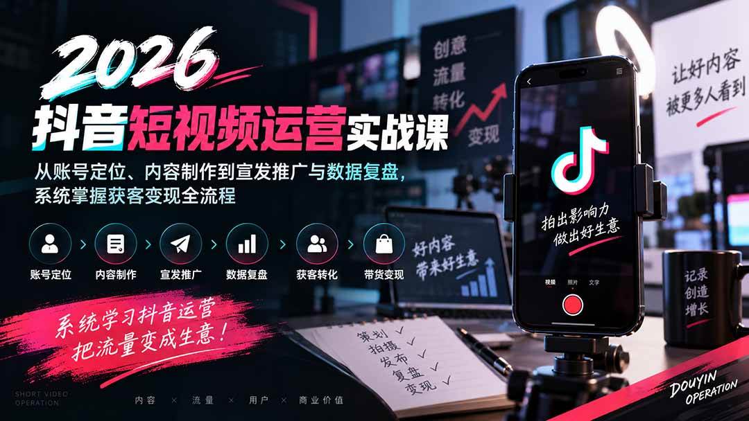 （20406期）2026抖音短视频运营实战课：从账号定位、内容制作到宣发推广与数据复盘，系统掌握获客变现全流程-多课资源站