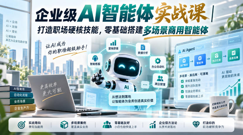 企业级AI智能体实战课｜打造职场硬核技能，零基础搭建多场景商用智能体-网创百晓生