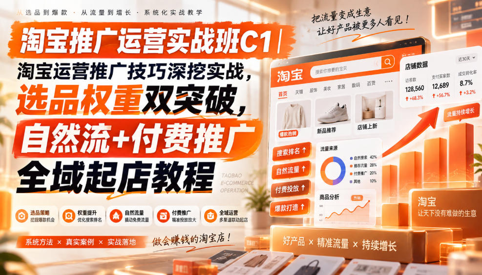 淘宝推广运营实战班C1｜淘宝运营推广技巧深挖实战，选品权重双突破，自然流+付费推广全域起店教程-网创百晓生