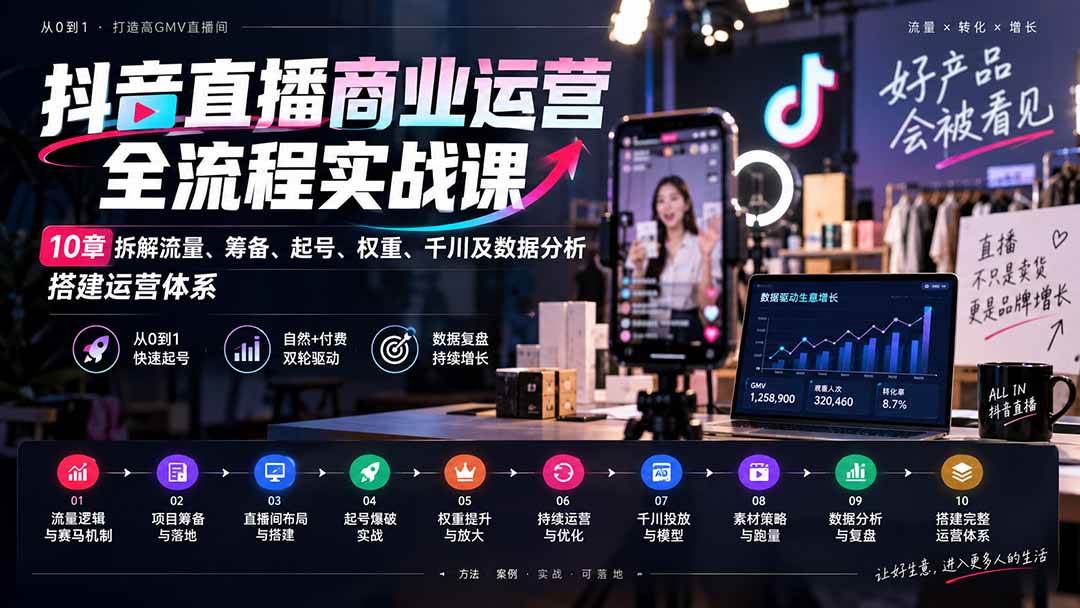 （20407期）抖音直播商业运营全流程实战课：10章拆解流量、筹备、起号、权重、千川及数据分析，搭建运营体系-多课资源站