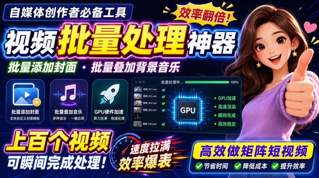 视频批量加封面,把封面添加到视频第一帧,不用剪辑软件批量添加-网创百晓生