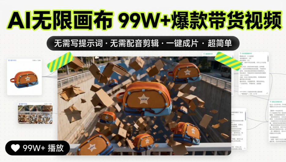 AI无限画布99W+爆款带货视频，无需写提示词·无需配音剪辑·一键成片·超简单-网创百晓生