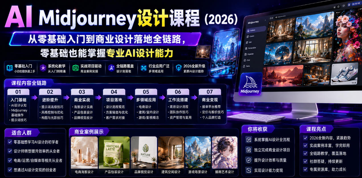 AI Midjourney设计课程（2026），从零基础入门到商业设计落地全链路，零基础也能掌握专业AI设计能力（更新0913）-多课资源站