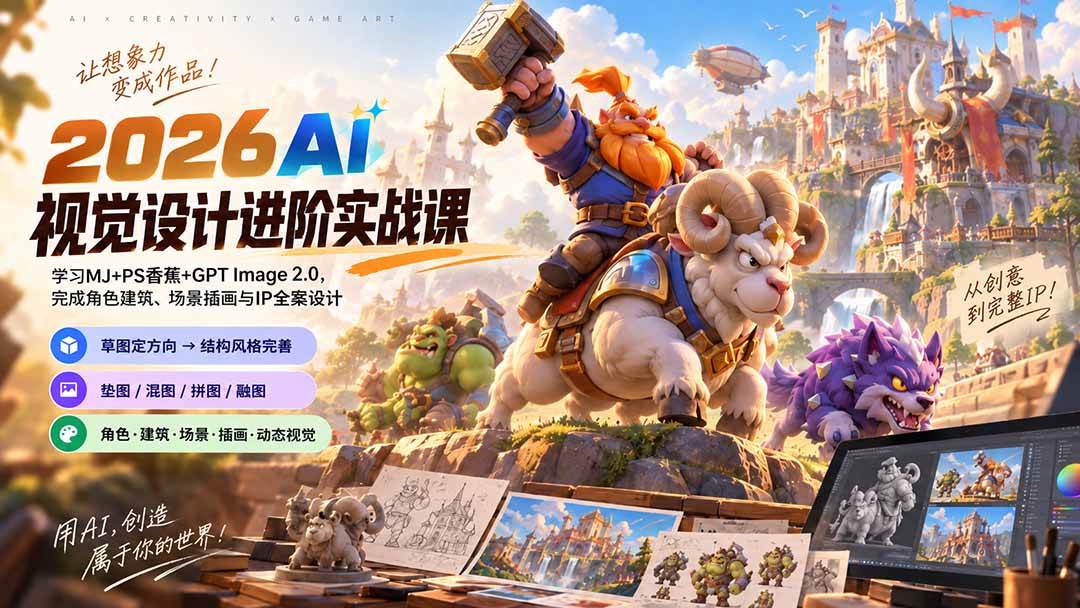 （20424期）2026AI视觉设计进阶实战课-更新：学习MJ+PS香蕉+GPT Image 2.0，完成角色建筑、场景插画与IP全案设计-怪兽网创俱乐部