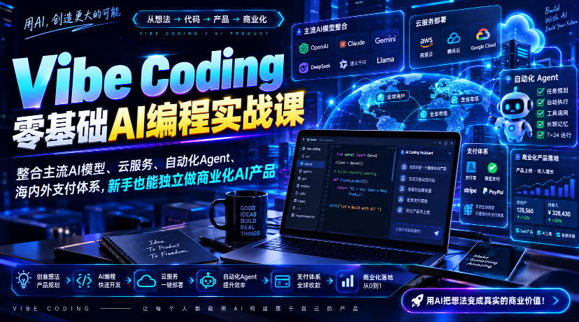 Vibe Coding零基础AI编程实战课-无水印,整合主流AI模型、云服务、自动化Agent、海内外支付体系,新手也能独立做商业化AI产品-多课资源站
