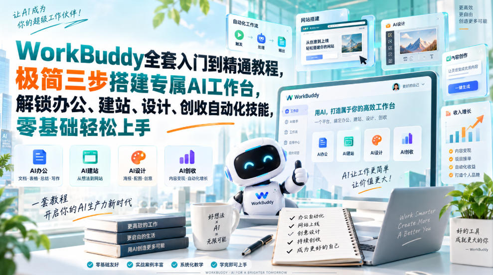 WorkBuddy全套入门到精通教程，极简三步搭建专属AI工作台，解锁办公、建站、设计、创收自动化技能，零基础轻松上手-怪兽网创俱乐部