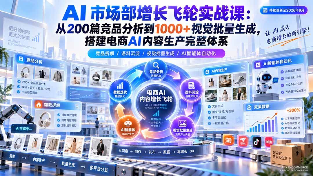 （20436期）AI 市场部增长飞轮实战课：从200篇竞品分析到1000+视觉批量生成，搭建电商AI内容生产完整体系-网创百晓生
