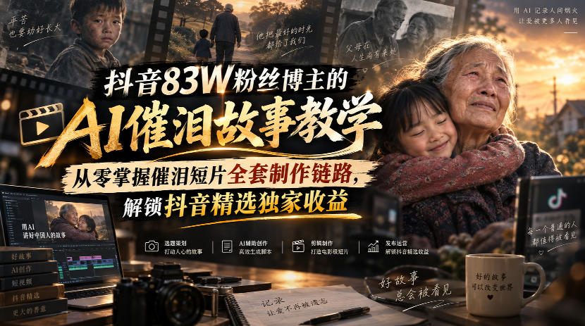 抖音83W粉丝博主的AI催泪故事教学，从零掌握催泪短片全套制作链路，解锁抖音精选独家收益-多课资源站