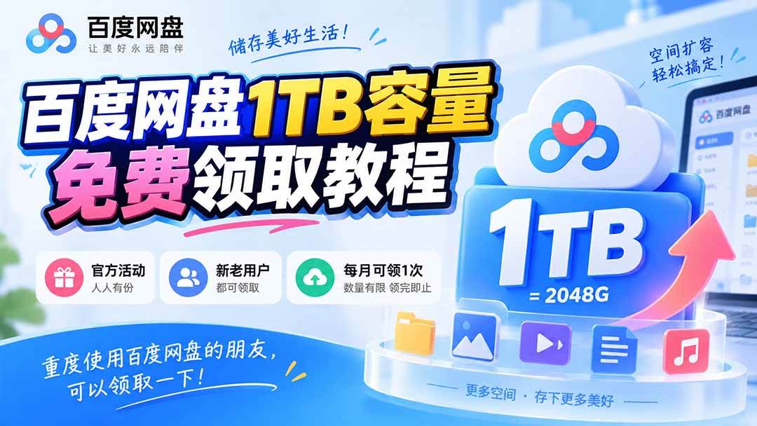 （20460期）百度网盘1TB容量免费领取教程，重度使用百度网盘的朋友，可以领取一下，每月可领-网创百晓生