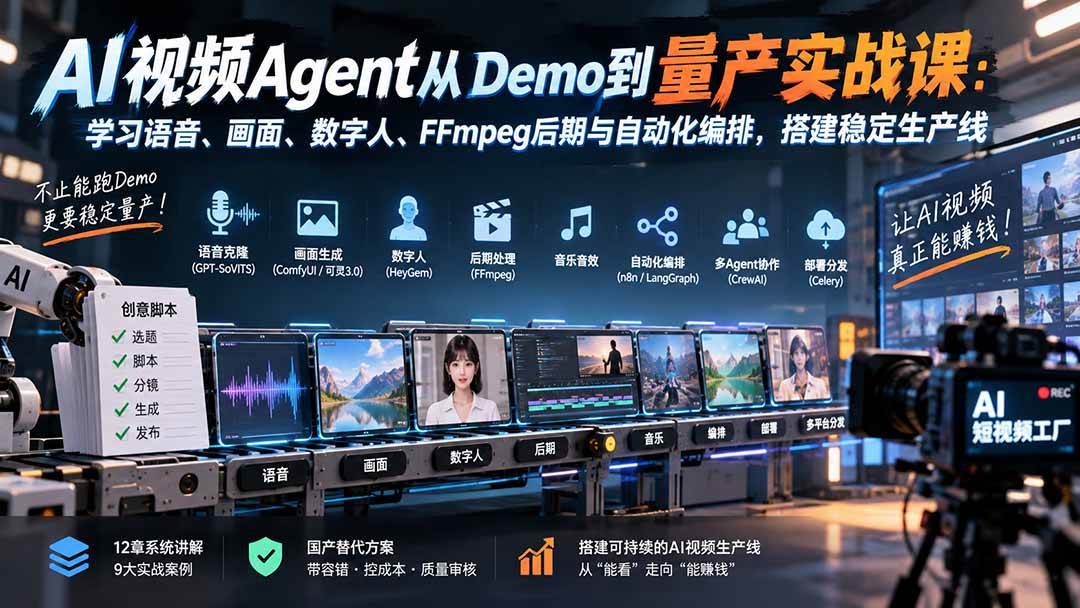 (20451期)AI视频Agent从Demo到量产实战课:学习语音、画面、数字人、FFmpeg后期与自动化编排,搭建稳定生产线-网创百晓生