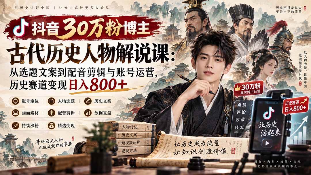 （20441期）抖音30万粉博主古代历史人物解说课：从选题文案到配音剪辑与账号运营，历史赛道变现日入800+