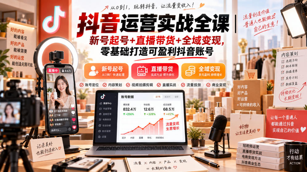 抖音运营实战全课｜新号起号+直播带货+全域变现，零基础打造可盈利抖音账号-韬哥副业项目资源网