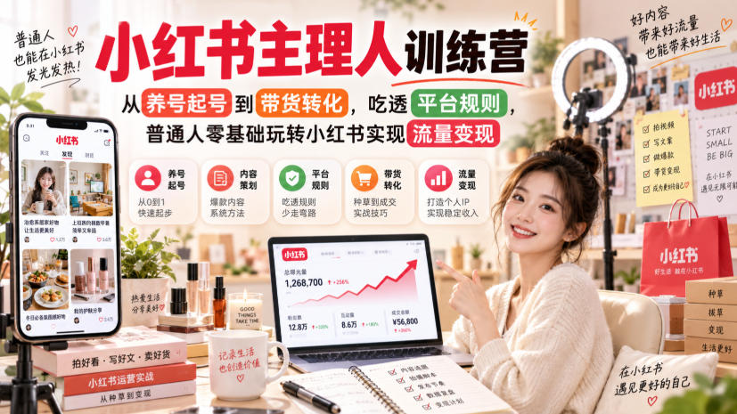 小红书主理人训练营，从养号起号到带货转化，吃透平台规则，普通人零基础玩转小红书实现流量变现-韬哥副业项目资源网