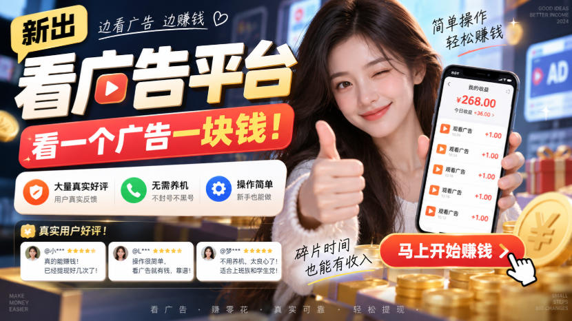 新出看广告平台，看一个广告一块钱，大量真实好评！无需养机、不会黑号，操作简单【揭秘】-多课资源站