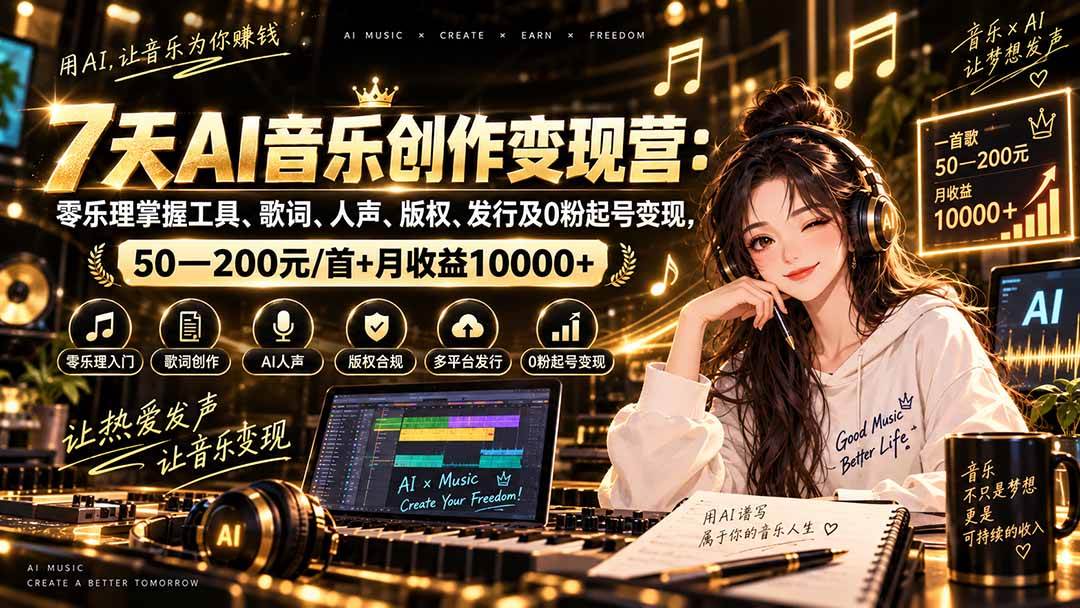 （20442期）AI音乐创作变现营：零乐理掌握工具、歌词、人声、版权、发行及0粉起号变现，50—200元/首+月收益10000+
