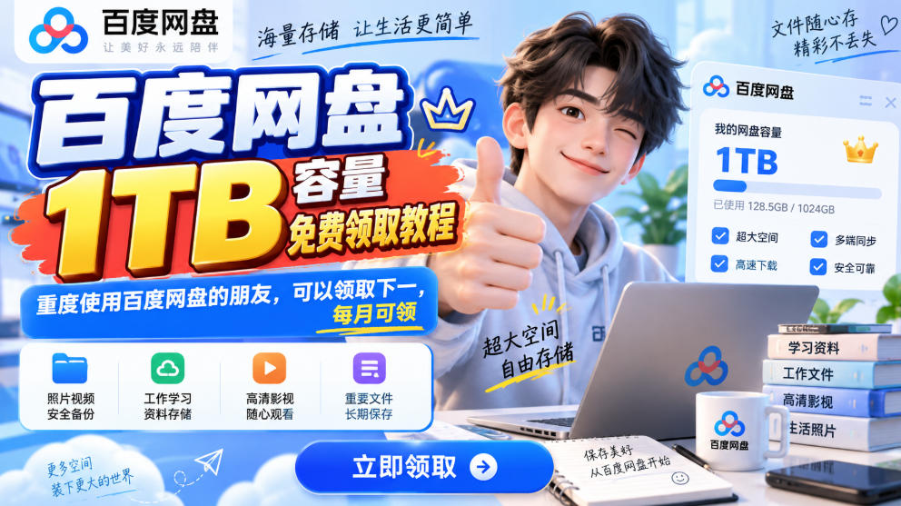 百度网盘1TB容量免费领取教程，重度使用百度网盘的朋友，可以领取下一，每月可领-多课资源站
