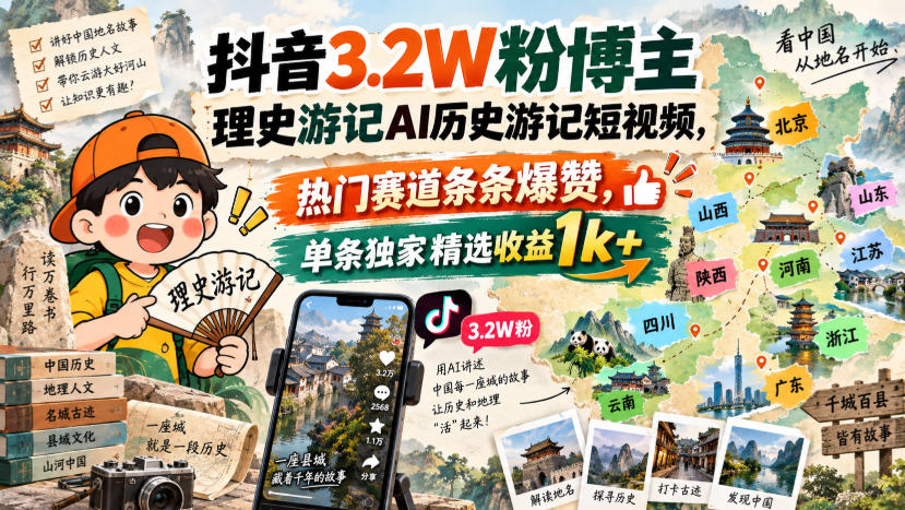 抖音3.2W粉博主理史游记AI历史游记短视频教学，热门赛道条条爆赞，单条独家精选收益1k+-多课资源站