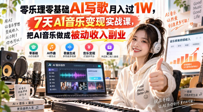零乐理零基础AI写歌月入过1W,7天AI音乐变现实战课,把AI音乐做成被动收入副业