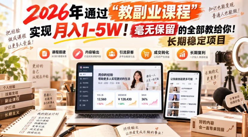 2026年通过“教副业课程”实现月入1-5W!毫无保留的全部教给你!长期稳定项目【揭秘】-韬哥副业项目资源网