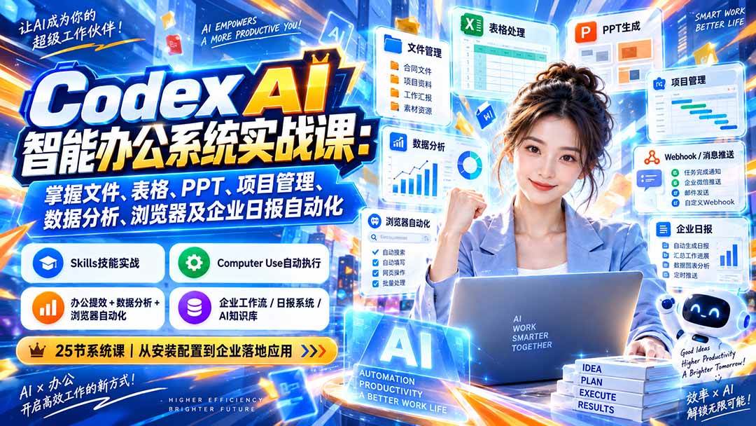 （20446期）Codex AI智能办公系统实战课：掌握文件、表格、PPT、项目管理、数据分析、浏览器及企业日报自动化-多课资源站