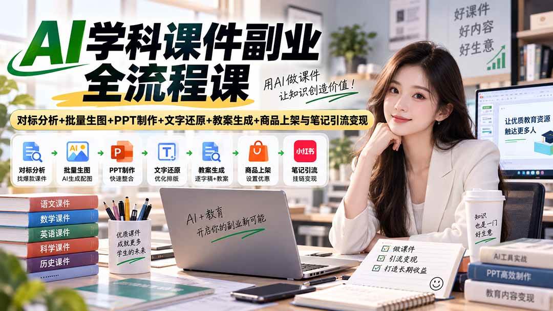 (20469期)AI学科课件副业全流程课|对标分析+批量生图+PPT制作+文字还原+教案生成+商品上架与笔记引流变现 (20469期)AI学科课件副业全流程课|对标分析+批量生图+PPT制作+文字还原+教案生成+商品上架与笔记引流变现