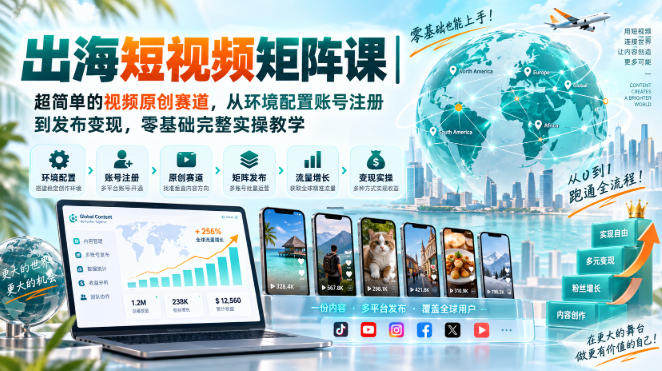 出海短视频矩阵课｜超简单的视频原创赛道，从环境配置账号注册到发布变现，零基础完整实操教学-怪兽网创俱乐部