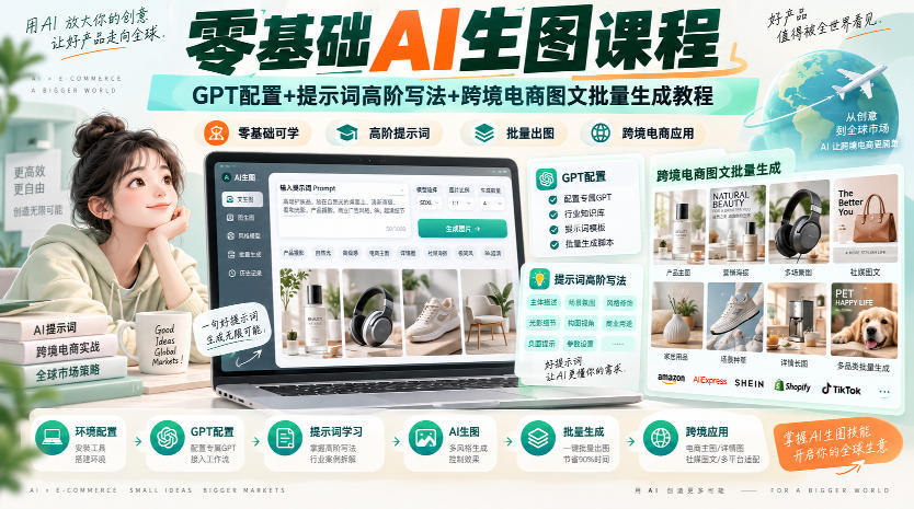 零基础AI生图课程，GPT配置+提示词高阶写法+跨境电商图文批量生成教程-多课资源站