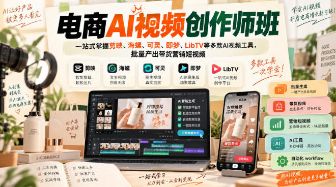 电商AI视频创作师班，一站式掌握剪映、海螺、可灵、即梦、LibTV等多款AI视频工具，批量产出带货营销短视频-怪兽网创俱乐部
