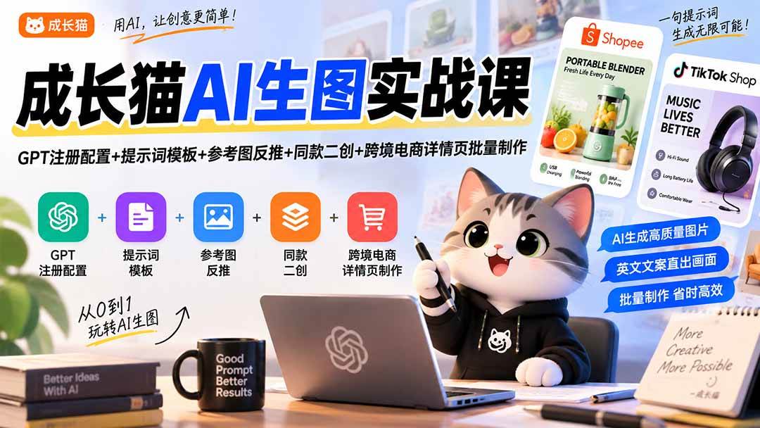 （20482期）成长猫AI生图实战课｜GPT注册配置+提示词模板+参考图反推+同款二创+跨境电商详情页批量制作-多课资源站