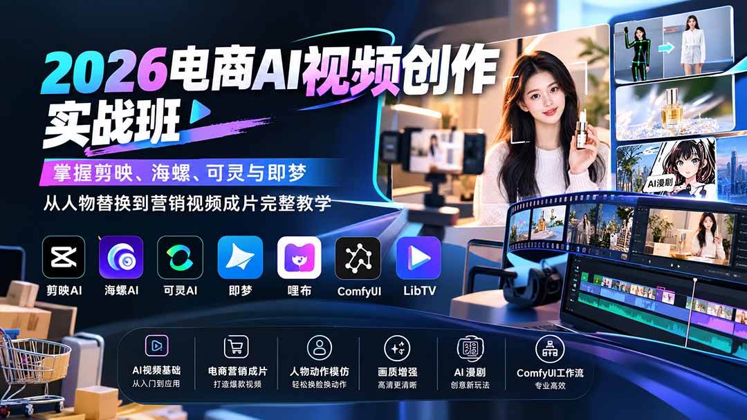 （20466期）2026电商AI视频创作实战班：掌握剪映、海螺、可灵与即梦，从人物替换到营销视频成片完整教学-韬哥副业项目资源网